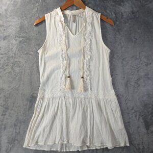 Knox Rose Women XS White Gauzy Boho Tassel Tunic‎ Top Lace Trim Ethereal Look